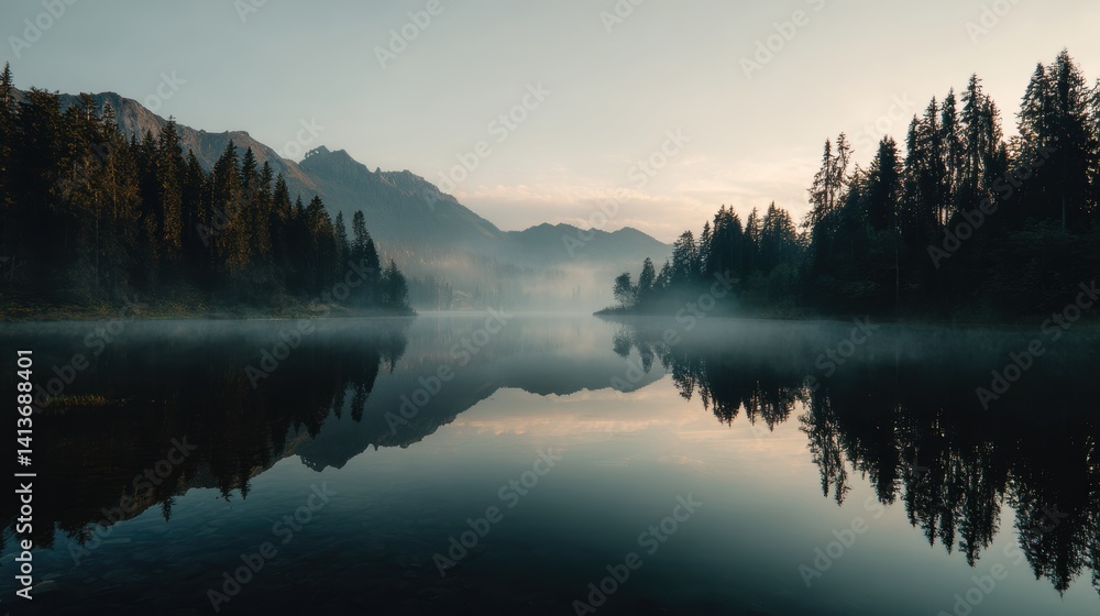 Fototapeta premium Serene mountain lake reflecting the lush forest and the majestic peaks on a foggy morning landscape naturalism