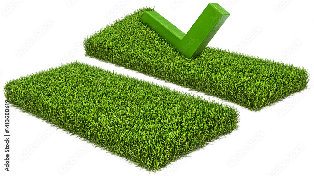 Realistic Grass Rectangles with Green Check Mark on Transparent Background