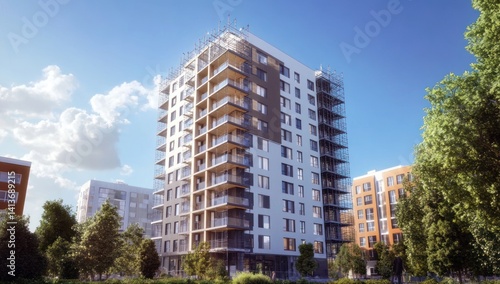 Modern Apartment Building Under Construction Sunny Day Scene