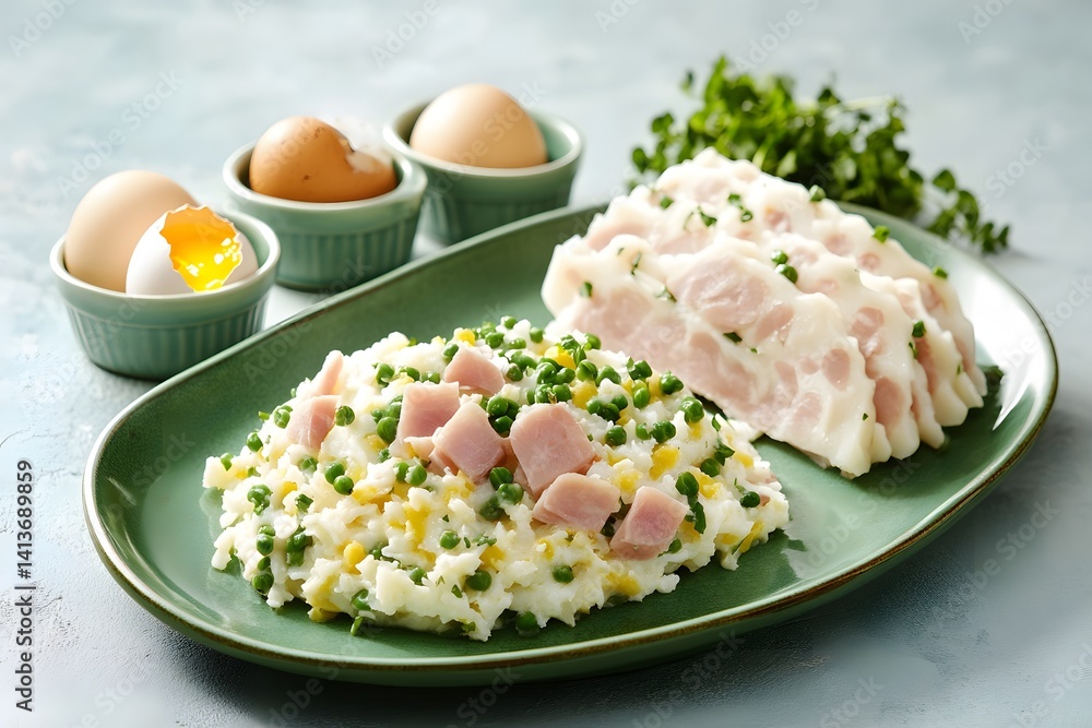 Delicious Ham and Pea Mash Potato Dish with Eggs Delicious Ham and Pea Mash Potato Dish with Eggs