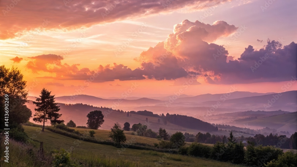 Obraz premium Golden sunlight paints the mountain landscape at sunrise and sunset, with orange and red hues coloring the sky and clouds