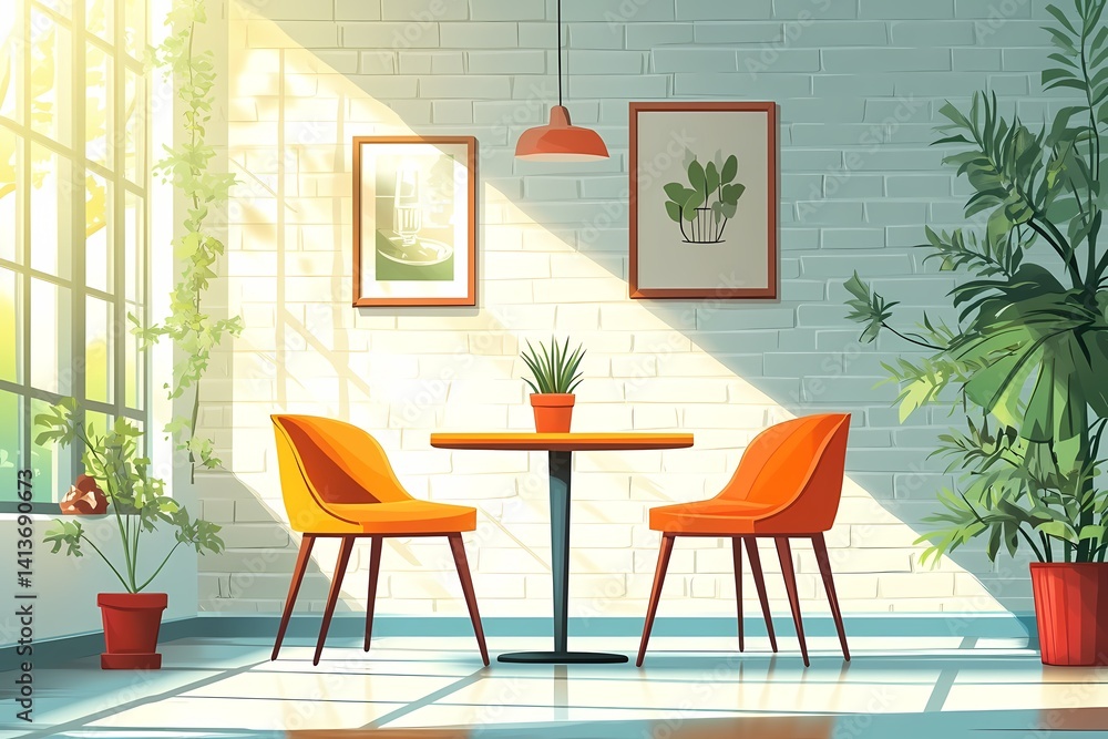 Obraz premium Modern Cozy Workspace: Embracing Natural Light and Greenery in Contemporary Home Decor