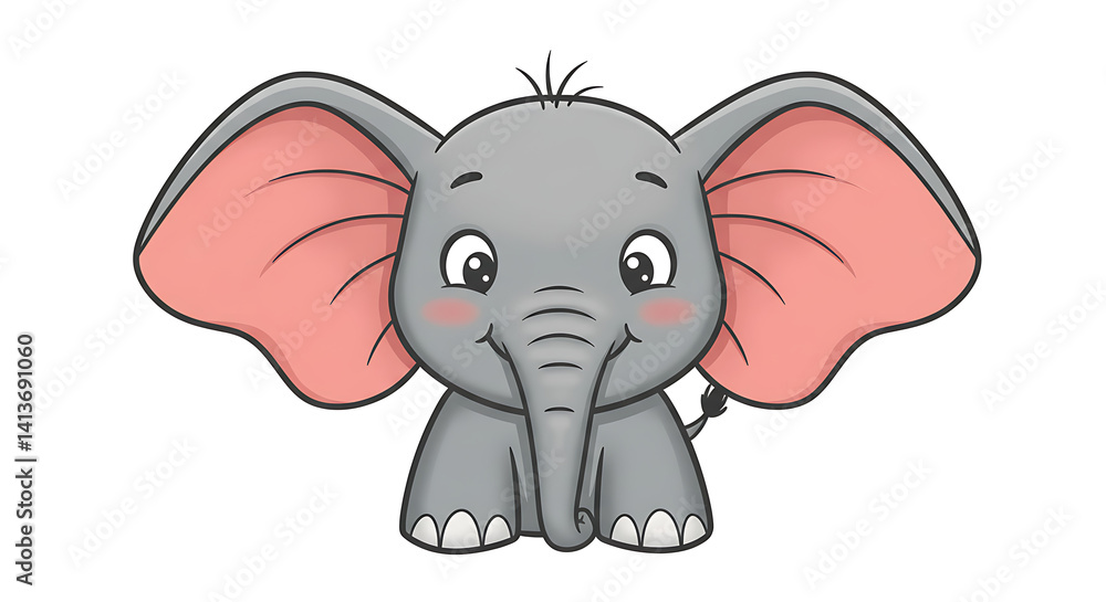 Flat icon of a baby elephant with oversized ears and a gentle smile, animated look on a clean white background Flat icon of a baby elephant with oversized ears and a gentle smile, animated look on a clean white background