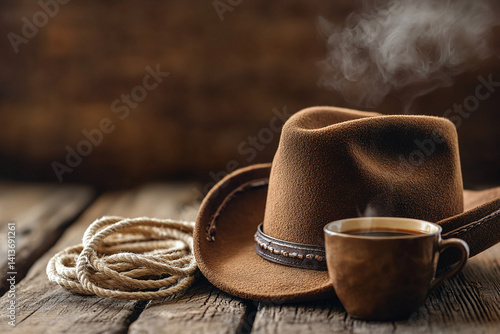 A steaming cup of coffee sits beside a cowboy hat and rope on a rustic wooden table.  A classic western scene.