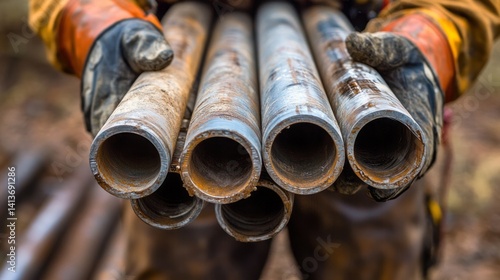 A worker is holding and slowly pulling the steel bar, which has many metal pipes on it. The worker's hands have worn black work gloves with brown leather sleeves.