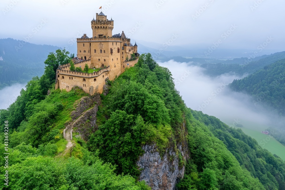 Fototapeta premium A castle in Germanyâ€™s Bavarian Alps, surrounded by mist and dense forest