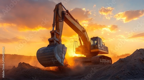 crawler excavator digs into the earth at sunset. World Engineering Day. International Workers' Day