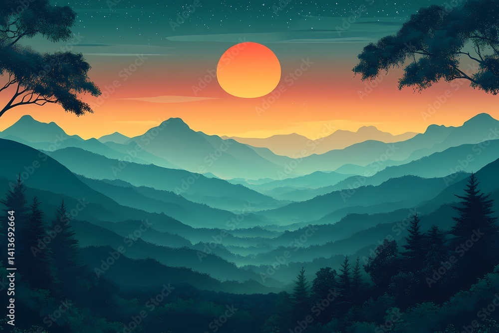 Fototapeta premium Majestic Mountain Range Sunset: Digital Artwork Illustration of Tranquil Nature's Beauty