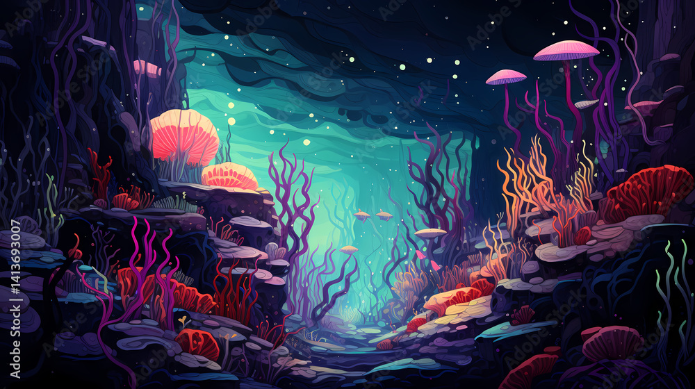Fototapeta premium underwater abyss with nightmarish sea creatures illustration background poster decorative painting