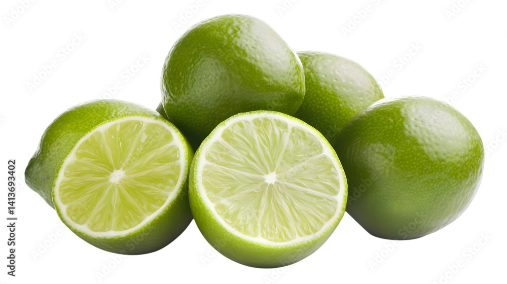 Realistic Photo of Green Limes with Cut Section Isolated on Transparent Background Realistic Photo of Green Limes with Cut Section Isolated on Transparent Background