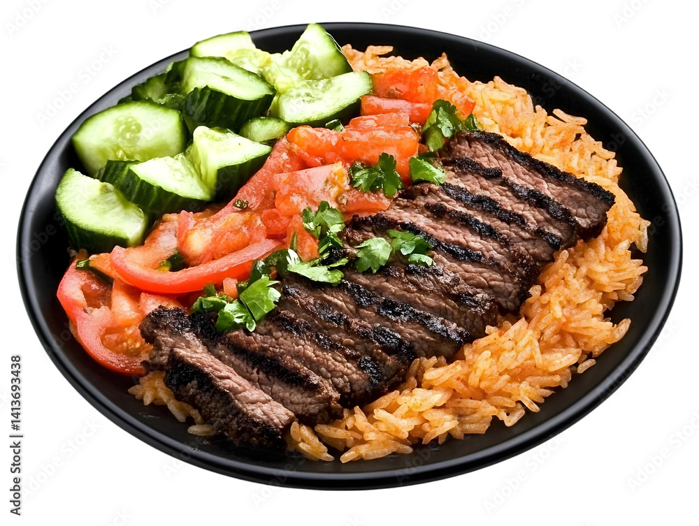 Realistic Photo of Grilled Steak with Rice Tomatoes and Cucumber on Black Plate Realistic Photo of Grilled Steak with Rice Tomatoes and Cucumber on Black Plate