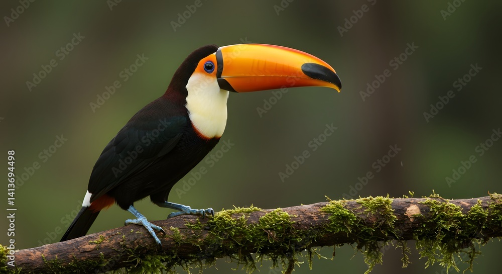Naklejka premium A Toco Toucan with a large, bright orange beak standing on a mossy branch.