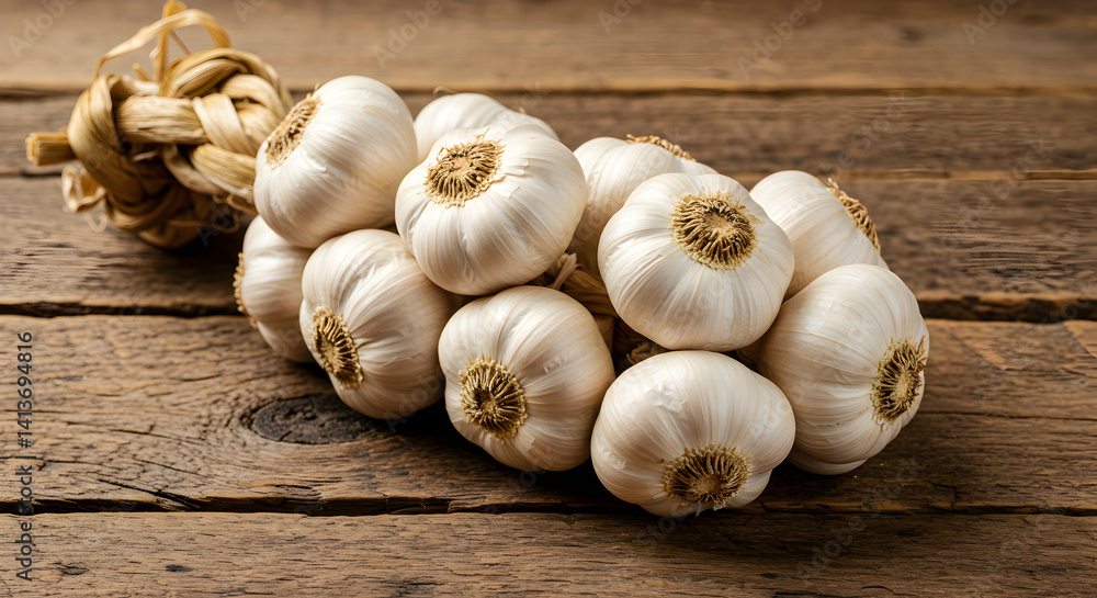 Organic Garlic Bulbs Arranged On Aged Wood Surface In Rustic Style