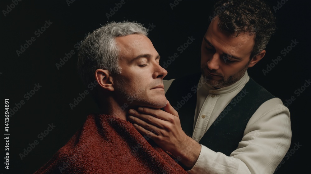 Barber giving a detailed grooming session with a focus on precision and care in a modern salon setting at evening hours.