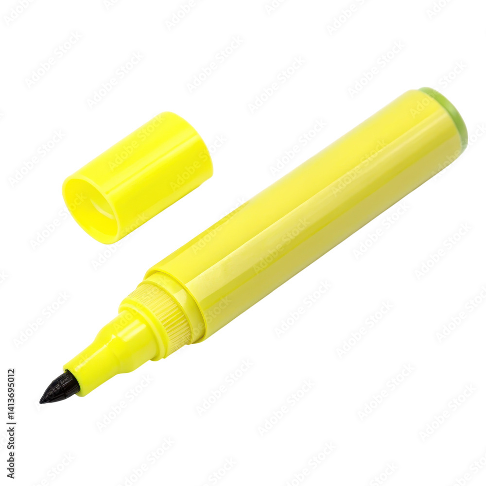 Bright yellow highlighter pen with cap; ideal for marking text. Bright yellow highlighter pen with cap; ideal for marking text.