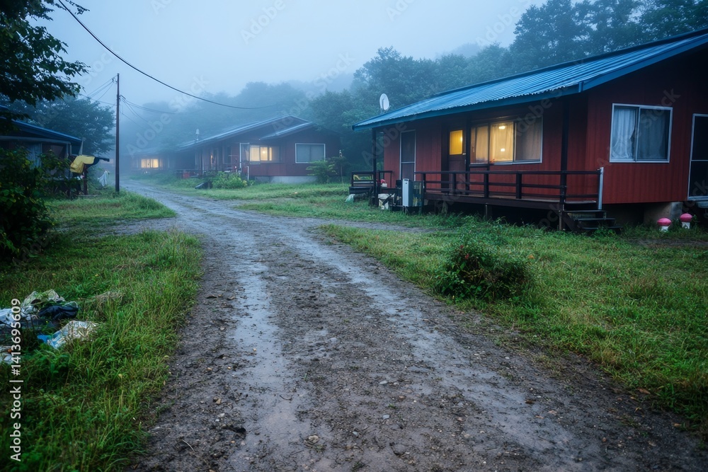 A foggy Japanese village with eerie lanterns glowing at midnight, spirits lurking in the shadows A foggy Japanese village with eerie lanterns glowing at midnight, spirits lurking in the shadows