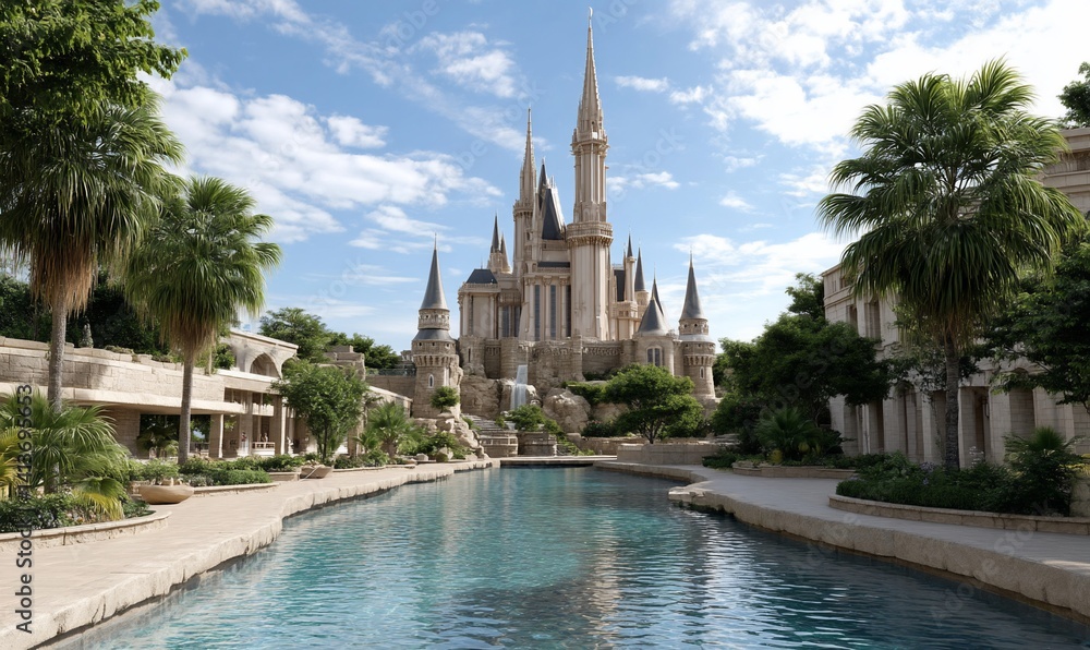 Fototapeta premium Fairytale castle by a calm waterway