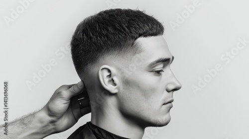Barber giving a precision haircut to a young man with a clean fade in a modern salon environment.
