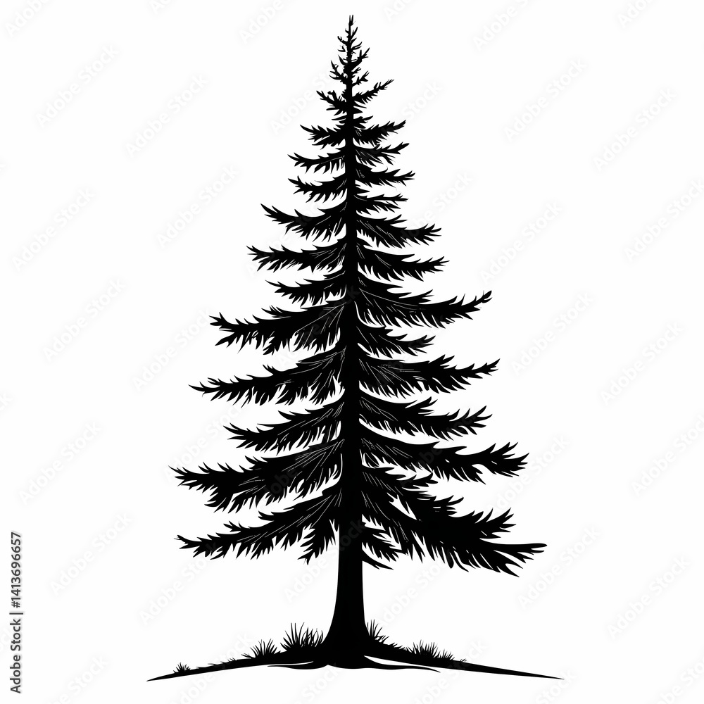 Obraz premium Evergreen Tree Silhouette: Black and White Pine Forest Artistic Outline for Nature Lovers