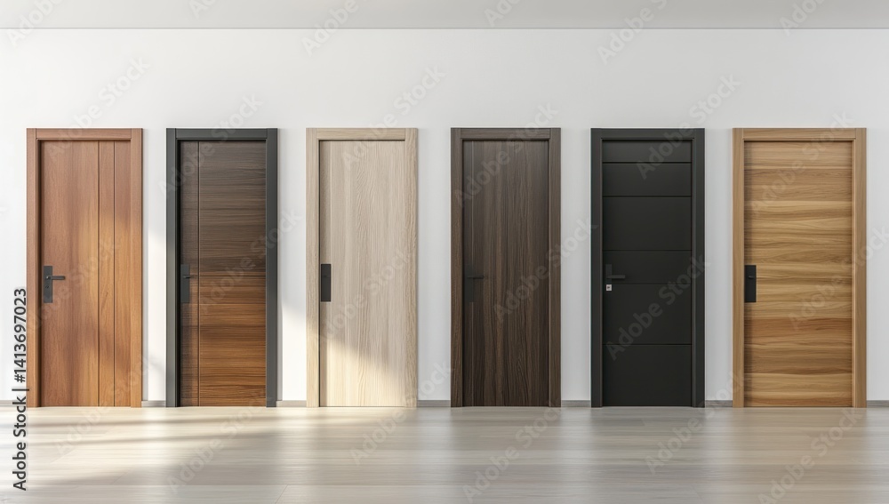 Fototapeta premium Modern Interior Doors Variety Wood Tones Minimalist Design