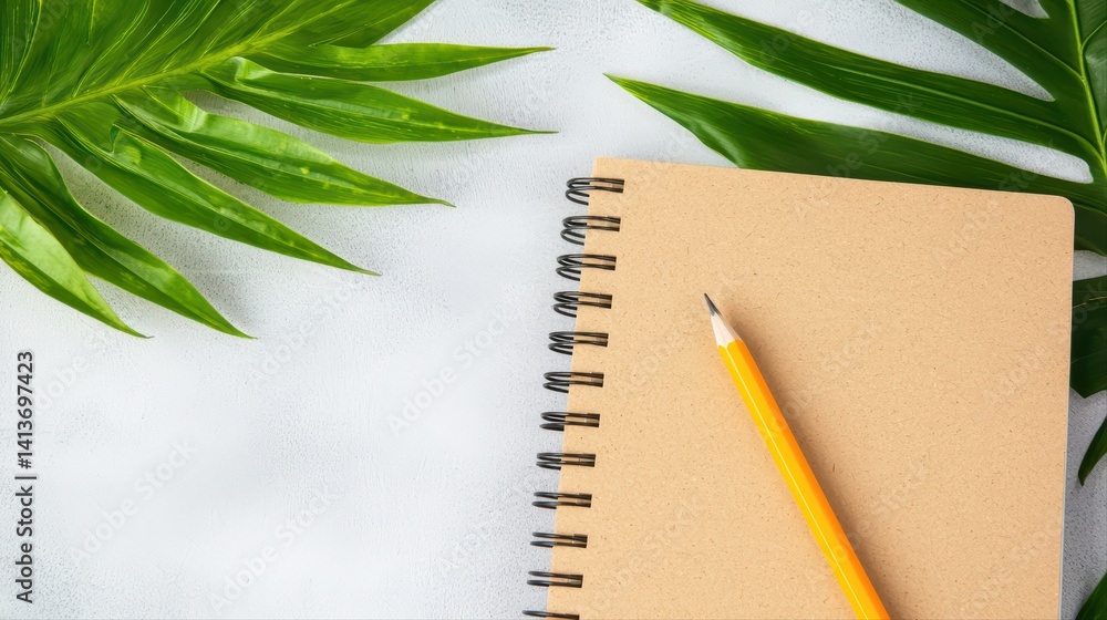 Green leaves and notebook with pencil on soft background Green leaves and notebook with pencil on soft background