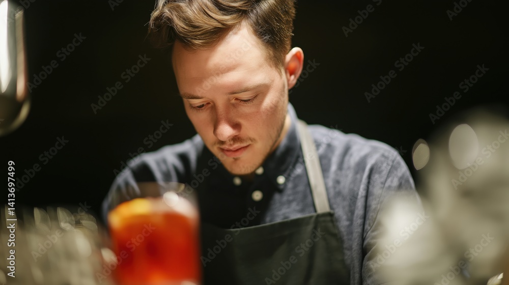 Bartender expertly crafting cocktails at a dimly lit bar during an evening gathering with patrons enjoying their drinks.