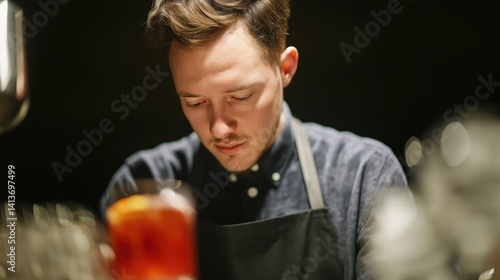 Obraz na płótnie Bartender expertly crafting cocktails at a dimly lit bar during an evening gathering with patrons enjoying their drinks. w salonie