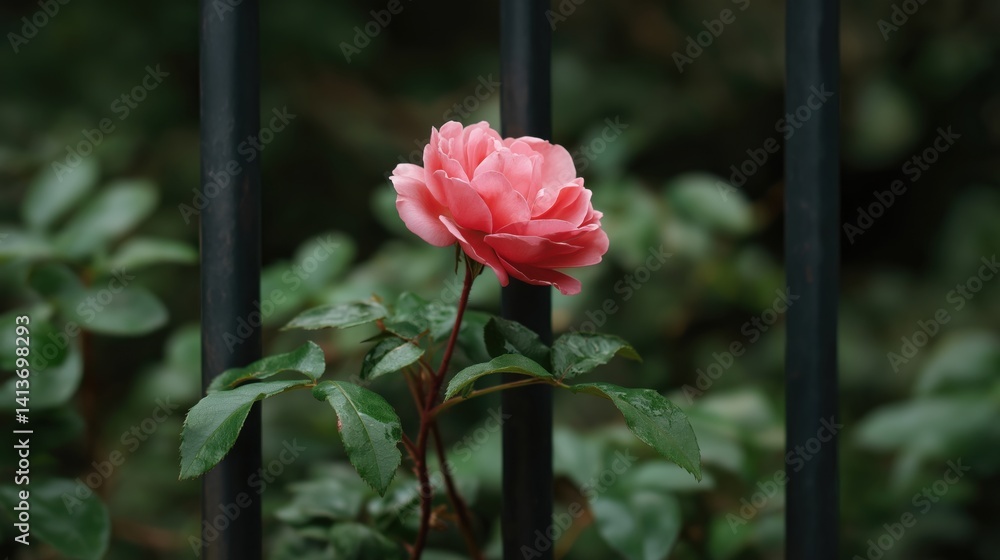 Beautiful pink rose blooming near black iron fence in a tranquil garden setting.