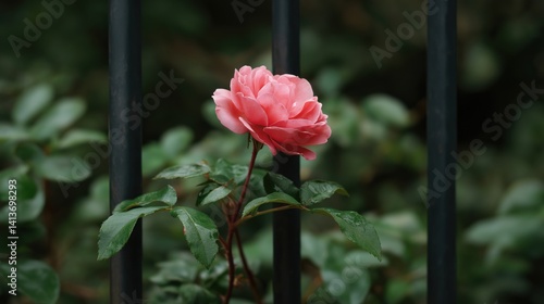Obraz na płótnie Beautiful pink rose blooming near black iron fence in a tranquil garden setting. w salonie