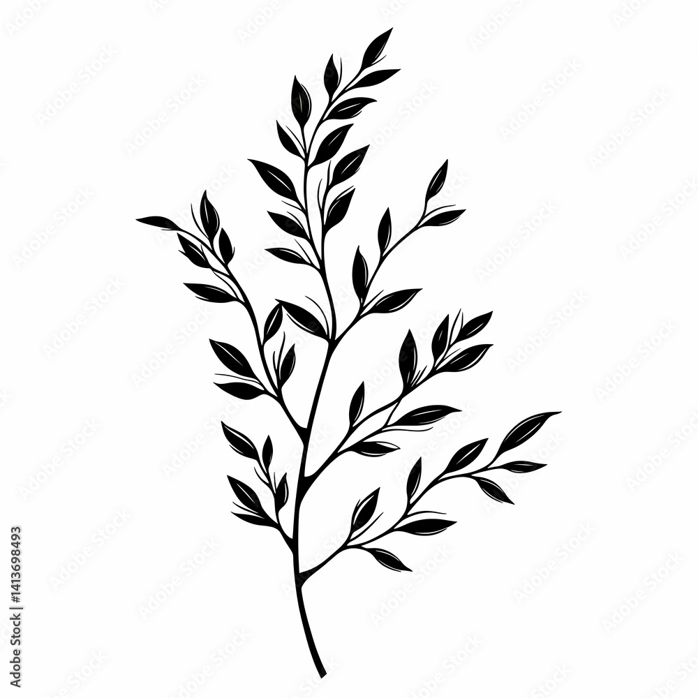 Naklejka premium Elegant Botanical Art: Black and White Nature Illustration of Leaf and Branch Silhouettes in Minimalist Design