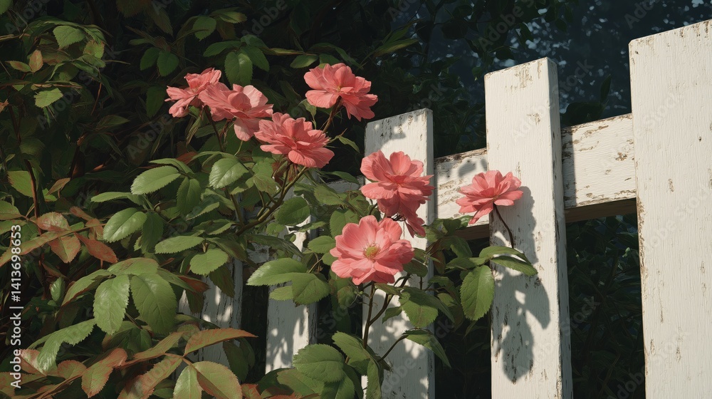 Colorful flowers bloom beside a white wooden fence in a lush garden during late afternoon light.
