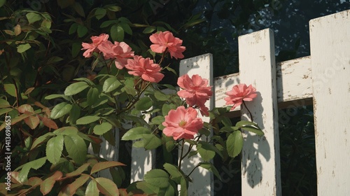 Obraz na płótnie Colorful flowers bloom beside a white wooden fence in a lush garden during late afternoon light. w salonie