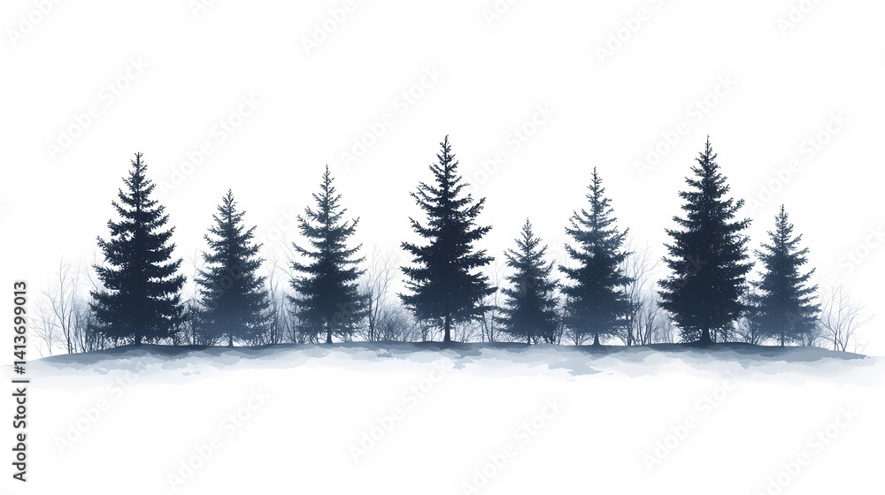 Obraz premium Serene Silhouettes: Evergreen Forest Tree Silhouette in Peaceful Nature Landscape - Perfect for Winter Backgrounds and Scenic Digital Art