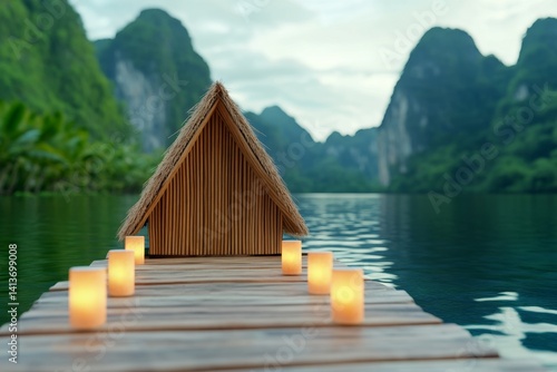 A legendary floating hut on a magical lake, surrounded by floating lanterns and mist