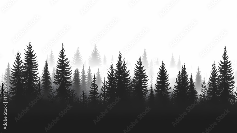 Fototapeta premium Misty Black and White Pine Trees in Boreal Forest: Serene Nature Photography