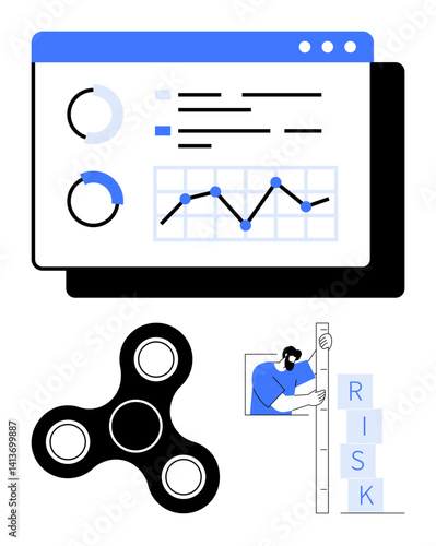 Charts and graphs reflect analytics, man measures risk with blocks, fidget spinner for stress management. Ideal for business, work-life balance, productivity, finance, innovation, simplicity simple