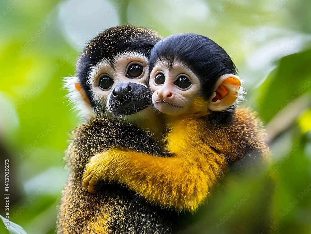 Fototapeta premium Two Monkeys Hugging in Lush Green Foliage