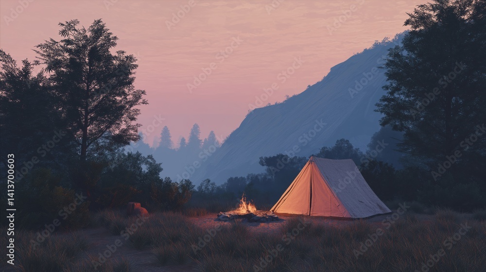 Campfire warmth in serene mountain landscape at twilight with a cozy tent and glowing flames.