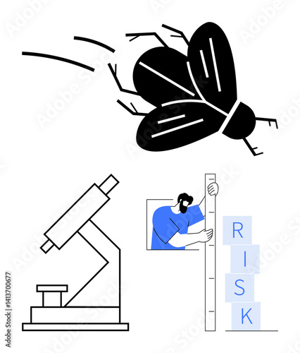 Flying bug, microscope, and person measuring risk text blocks with a ruler emphasize research, risk management, study, investigation, innovation, discovery, and science for simple landing page