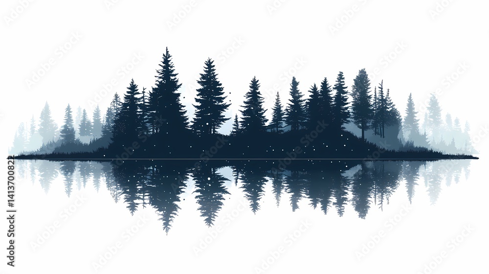 Fototapeta premium Serene Forest Reflection: Tranquil Evergreen Trees in Misty Woodland Landscape – Capturing Nature's Serenity and Peacefulness