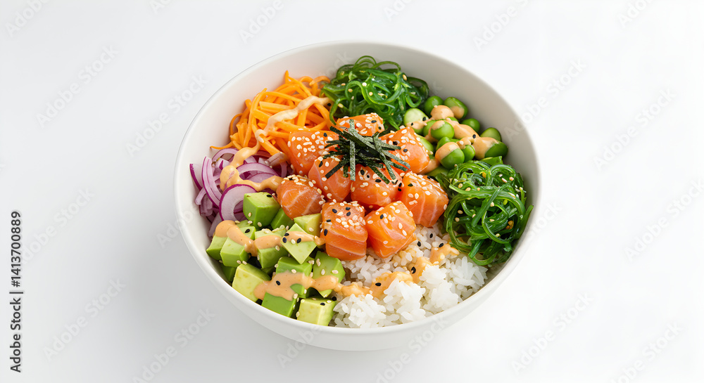 Vibrant Salmon Poke Bowl with Fresh Vegetables on Clean White Background Vibrant Salmon Poke Bowl with Fresh Vegetables on Clean White Background