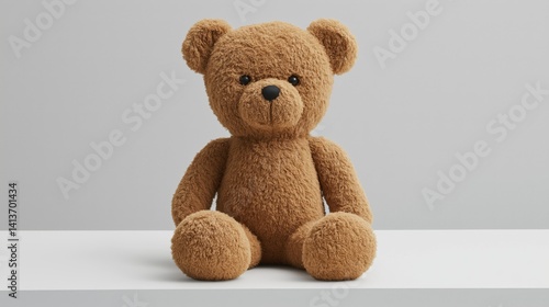 brown-colored teddy bear sitting on a white surface against a plain gray background