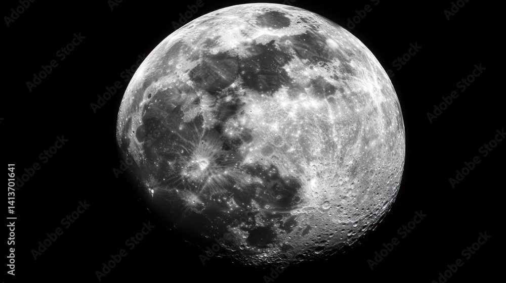 Obraz premium a breathtaking full moon showcasing its detailed surface craters and lunar landscape in stark black and white astronomy photography style
