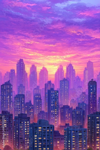 Wallpaper Mural Purple And Orange City Skyline Sunset Digital Painting Torontodigital.ca