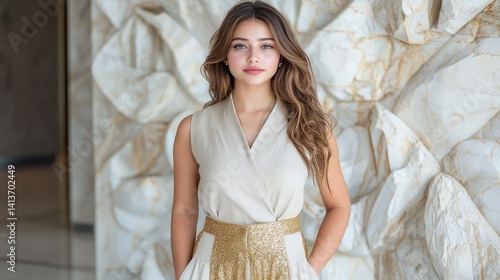 Elegant woman in off white top and gold skirt fashion portrait