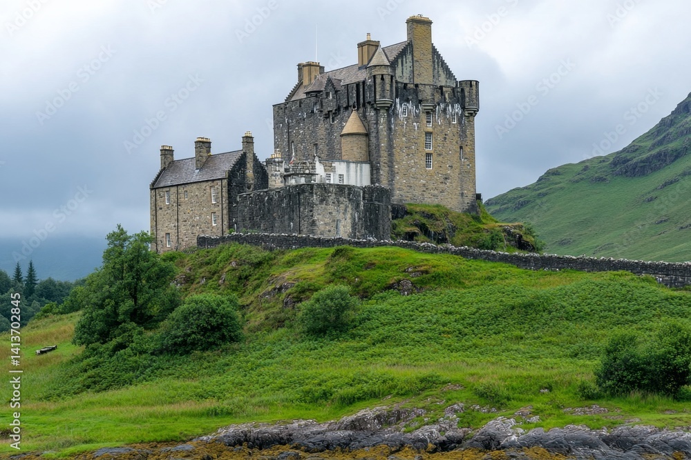 A majestic medieval castle atop a rocky hill in Scotland, surrounded by mist and rolling green fields A majestic medieval castle atop a rocky hill in Scotland, surrounded by mist and rolling green fields
