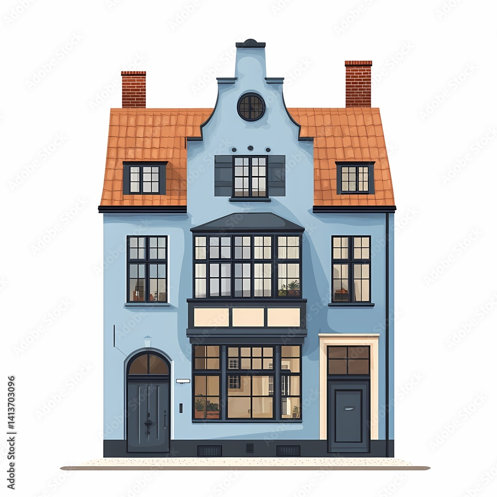 Urban House Architecture: Detailed Blue Building with Traditional Vintage Facade and Modern Design Elements for Premium Real Estate Urban House Architecture: Detailed Blue Building with Traditional Vintage Facade and Modern Design Elements for Premium Real Estate