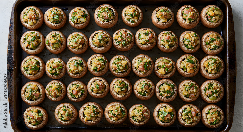 Delicious Stuffed Mushrooms Ready to Bake On a Baking Sheet Delicious Stuffed Mushrooms Ready to Bake On a Baking Sheet