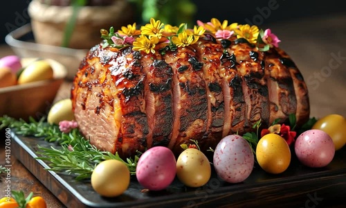 A beautifully glazed ham centerpiece adorned with flowers and colorful Easter eggs on a wooden table