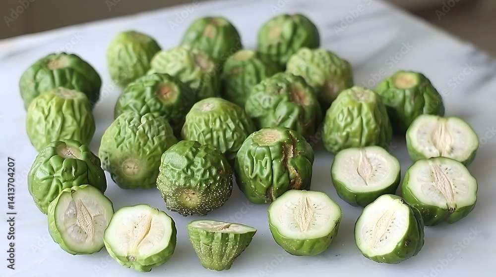 Fototapeta premium Harvest of Fresh Green Chayote Squash on White Surface ready to cook